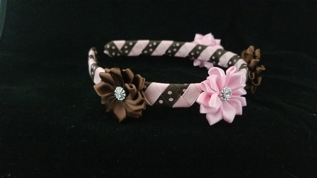 Pink and brown polka dot flowered headband