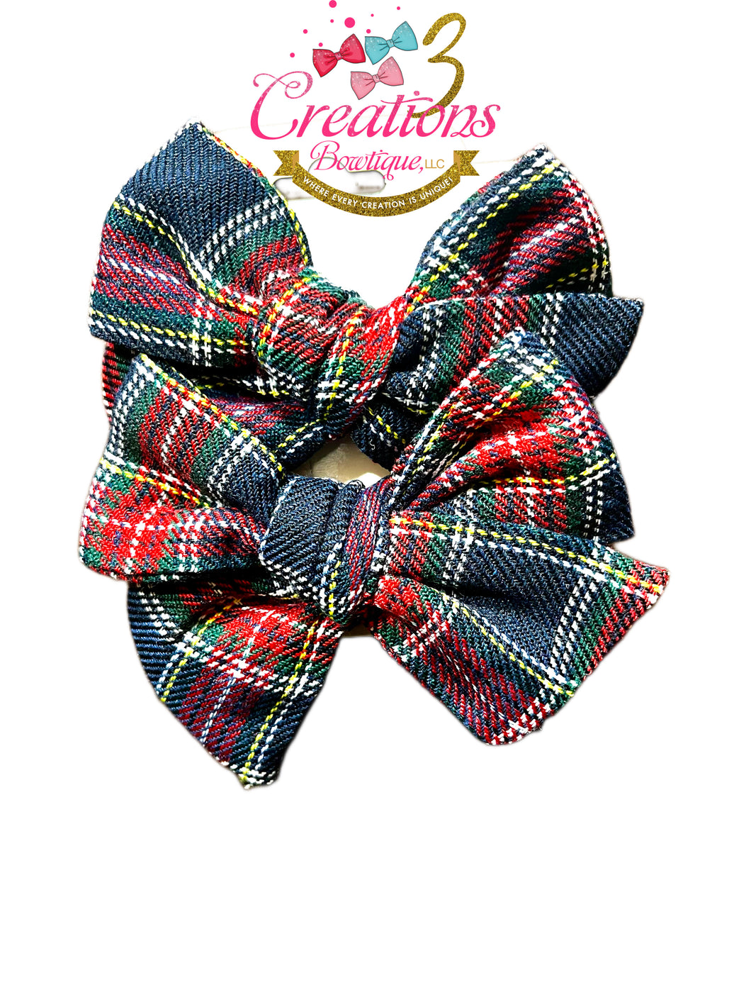 Navy tartan fabric hair bow set.