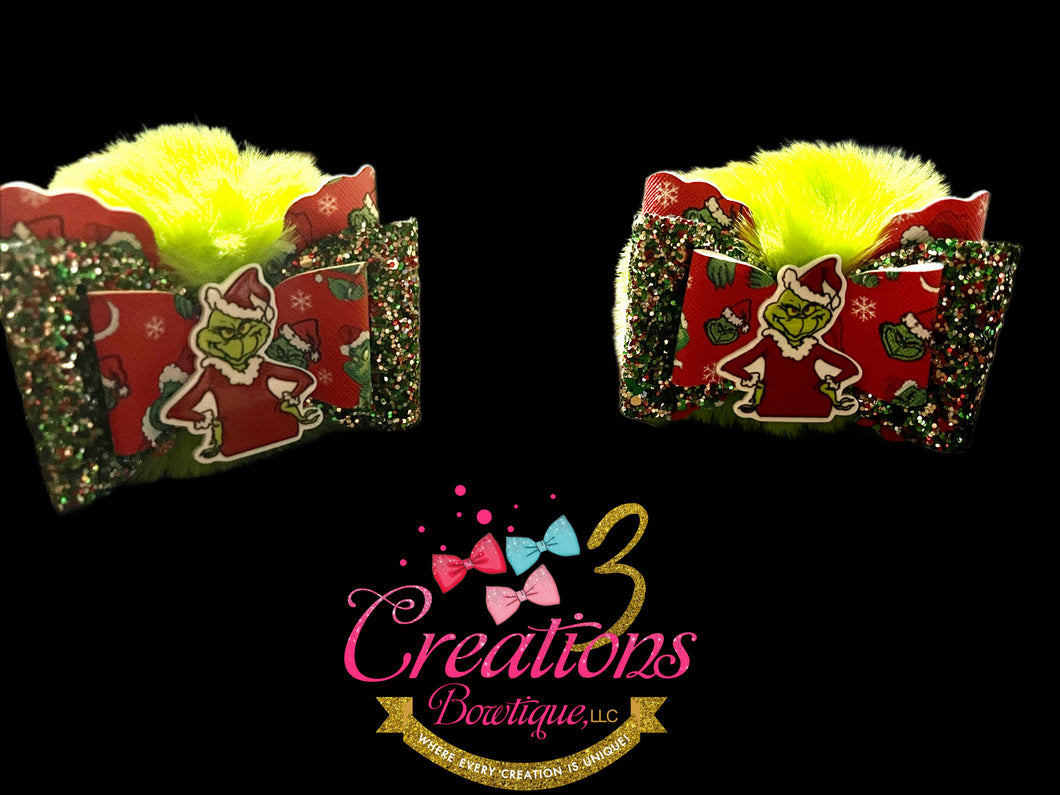 The Grinch Pom Pom faux leather hair bow set